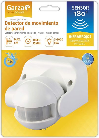 Garza Power - Detector de Movimiento Infrarrojo de Pared, Ángulo de Detección 180º