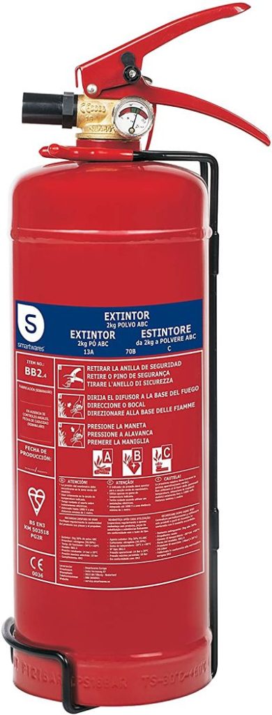 Smartwares FEX-15122 Extintor de Polvo seco, capacidad 2 kg, resistencia al fuego ABC (13A, 70B, C), incluye soporte para pared, certificado BSI